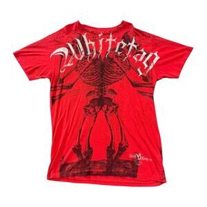 Aggravated Mentality Skeleton Skull Graphic Print Y2K Short Sleeve T-Shirt Red L